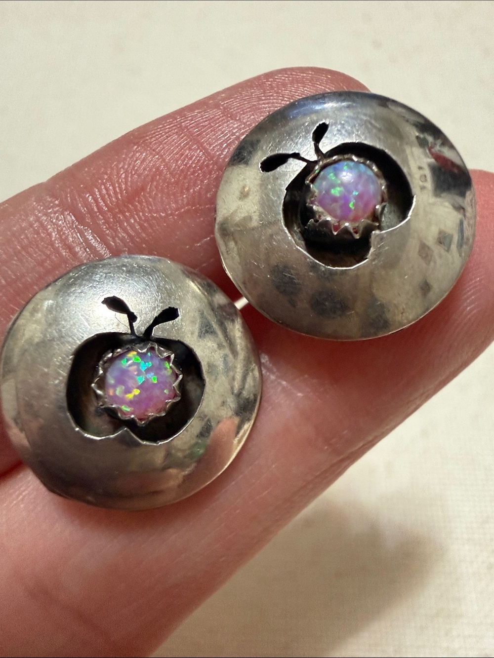Sterling Silver Opal Accent Apple Stud Earrings